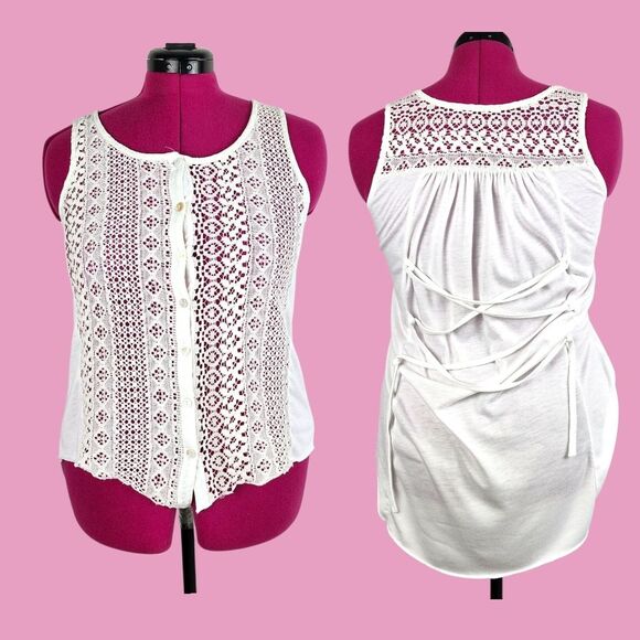 Cream Lace High-Low Top Sleeveless Button Up Sheer Blouse Small - Picture 1 of 13